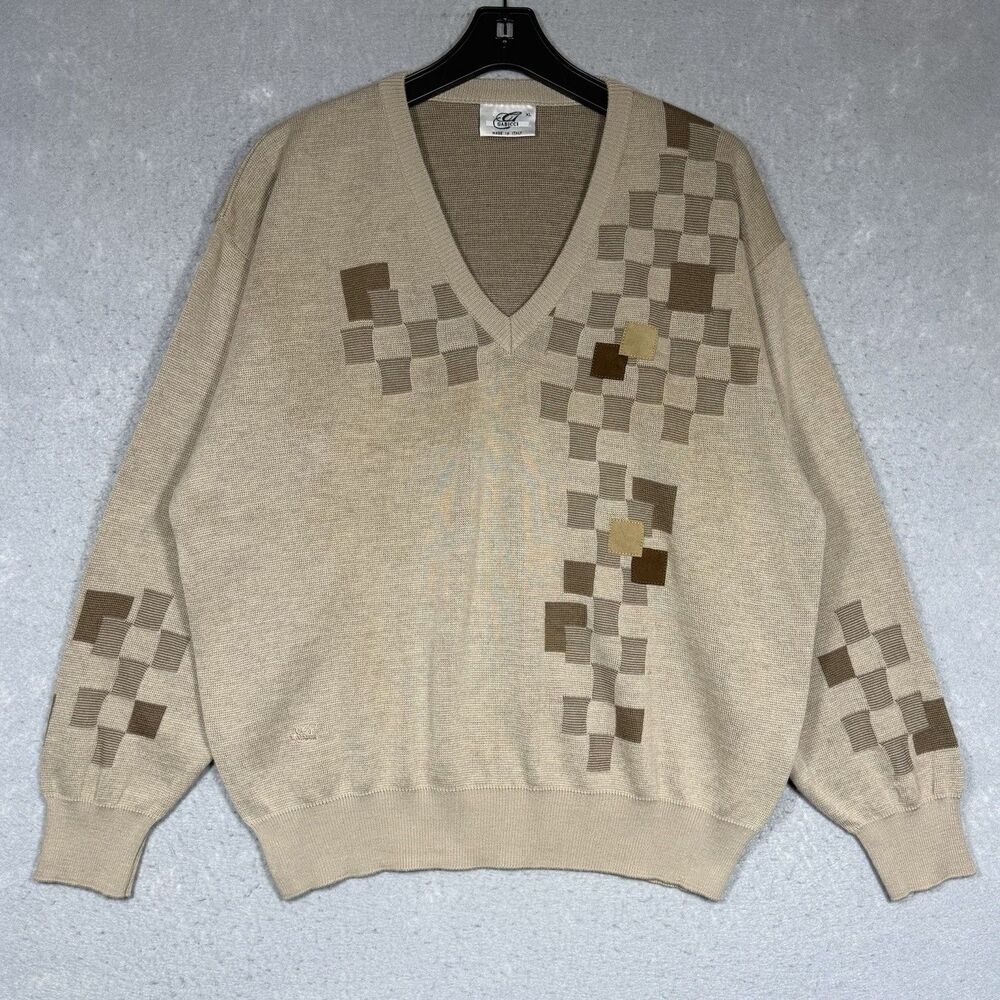 GABICCI Sweater Mens Size XL Tan V-Neck Wool Blend Italian Striped Logo